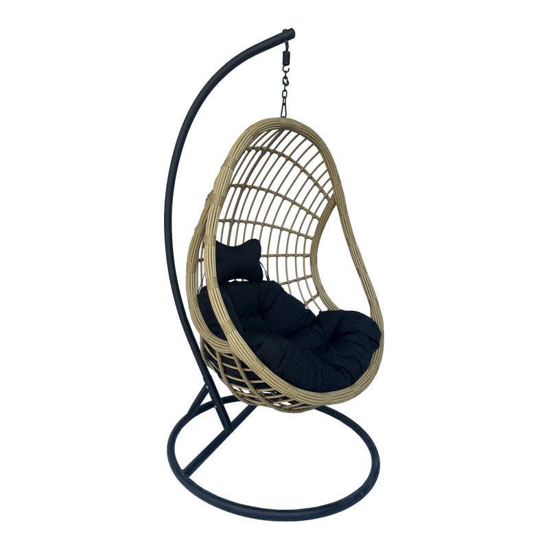 Fole lëkundëse Cungo pakoworld me bazë metalike të zezë - rattan pe bezhë me jastëkë të zinj 125x105x195cm