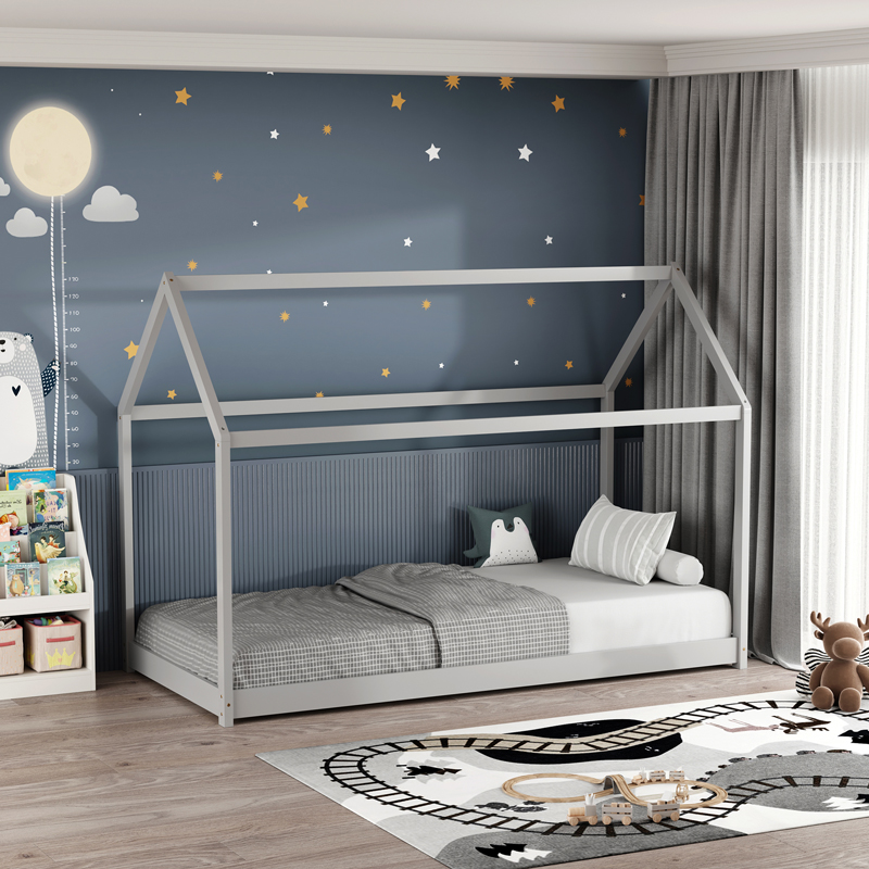 Krevat fëmijësh tipi Nino Montessori pakoworld dru pishe në nuancë gri 90x190cm
