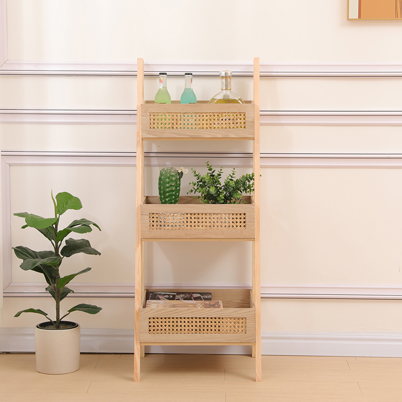 Raft dyshemeje me 3 nivele Scandy pakoworld dru pishe-rattan në ngjyrë natyrale 44x37x110cm