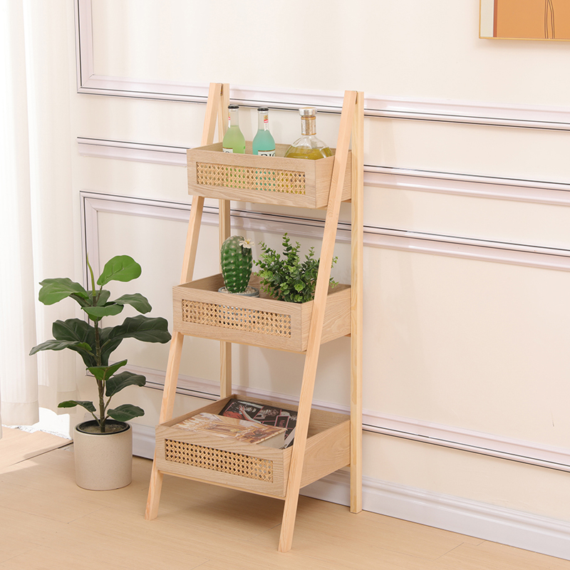 Raft dyshemeje me 3 nivele Scandy pakoworld dru pishe-rattan në ngjyrë natyrale 44x37x110cm