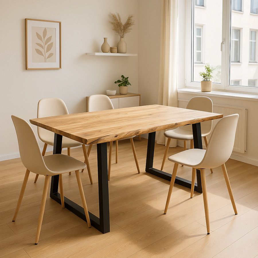 Tavolinë Miles Slim pakoworld dru masiv akacie 2.5cm në nuancë natyrale me këmbë metalike të zeza 140x80x76cm