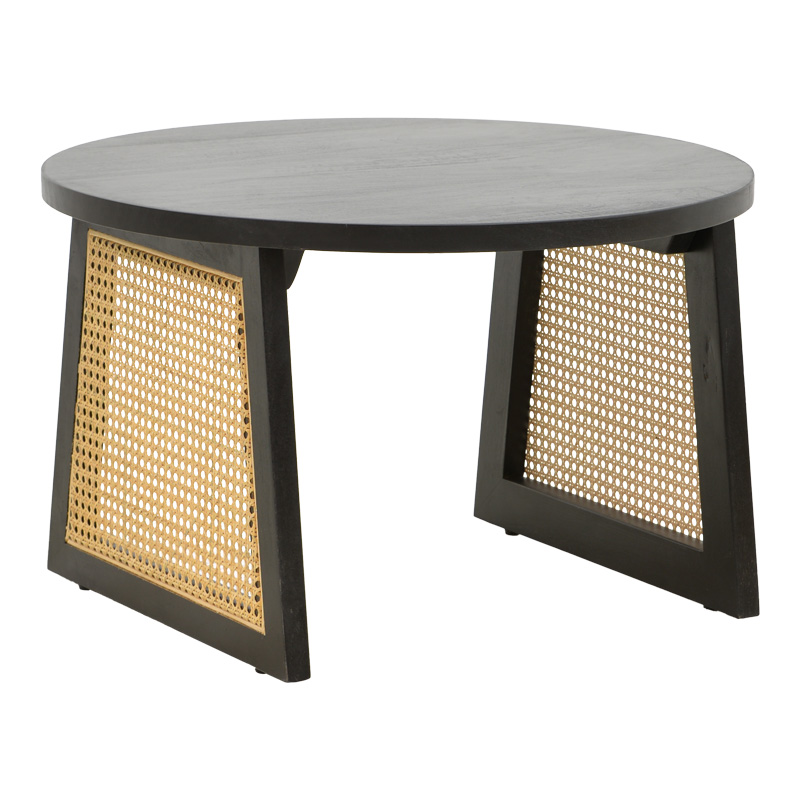 Tavolinë Tamarind pakoworld dru mango-rattan natyral në nuancë të zezë Φ65x40cm