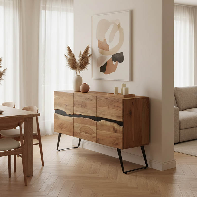 Kabinet Imena pakoworld dru masiv Akacie në nuancë natyrale me këmbë metalike të zeza 148x43.5x86cm