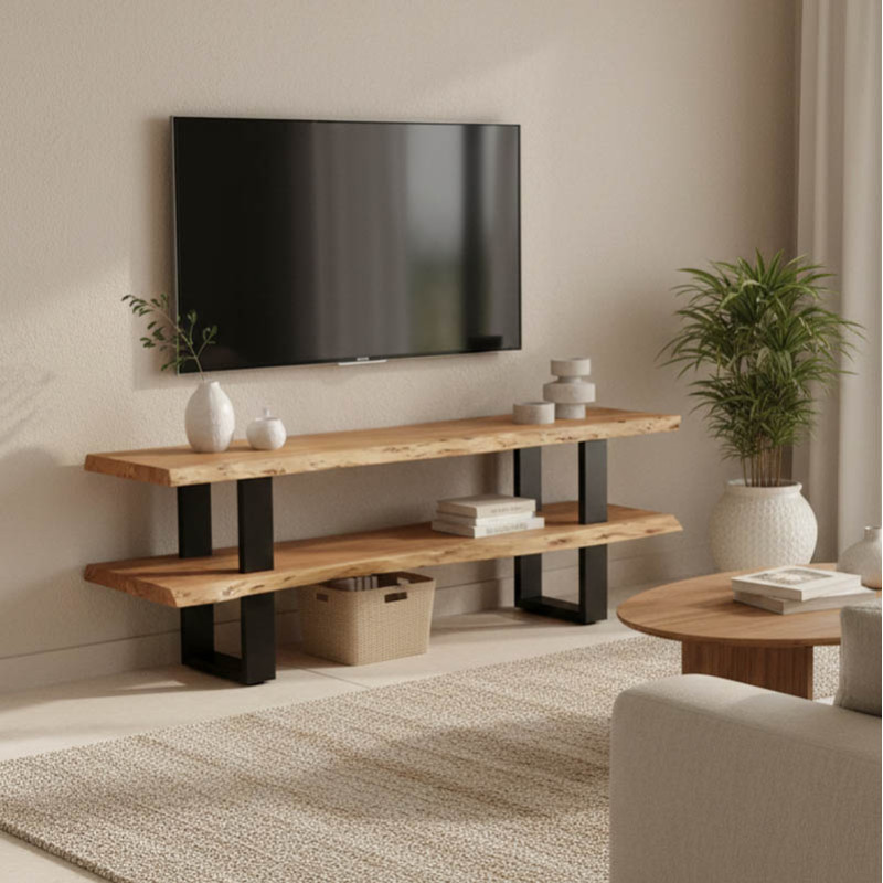 Komodinë TV Fuji pakoworld, dru masiv akacie në nuancë natyrale me këmbë metalike të zeza 140x40x52cm
