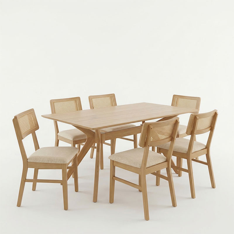 Set ngrënieje Raffles pakoworld 7 copë dru gome me rregullim PE në ngjyrë natyrale 150x90x76cm