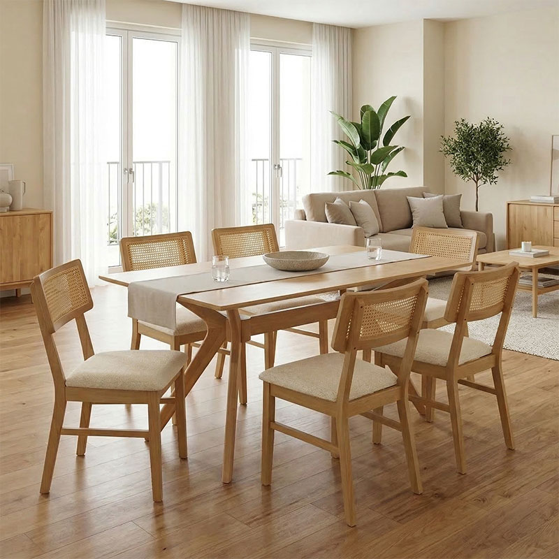 Set ngrënieje Raffles pakoworld 7 copë dru gome me rregullim PE në ngjyrë natyrale 150x90x76cm