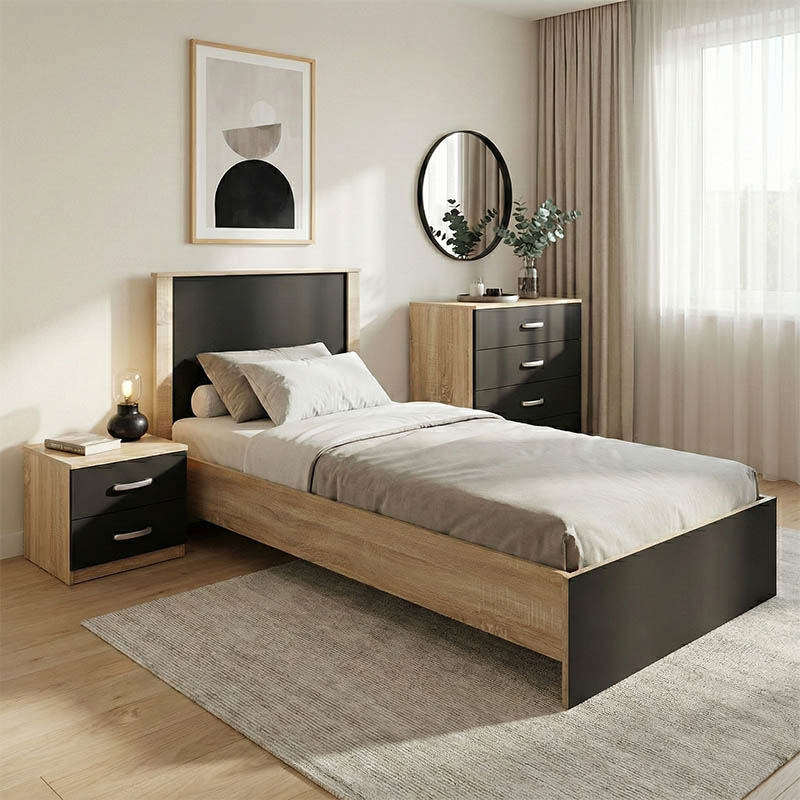 Set dhome gjumi Athos Sonoma Charcoal me krevat 90x190cm Set prej 3 copësh