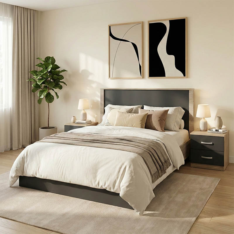 Set dhome gjumi Athos Sonoma Charcoal me krevat 140x200cm Set prej 3 copësh