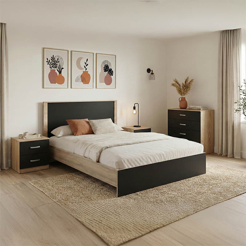 Set dhome gjumi Athos Sonoma Charcoal me krevat 140x200cm Set prej 4 copësh