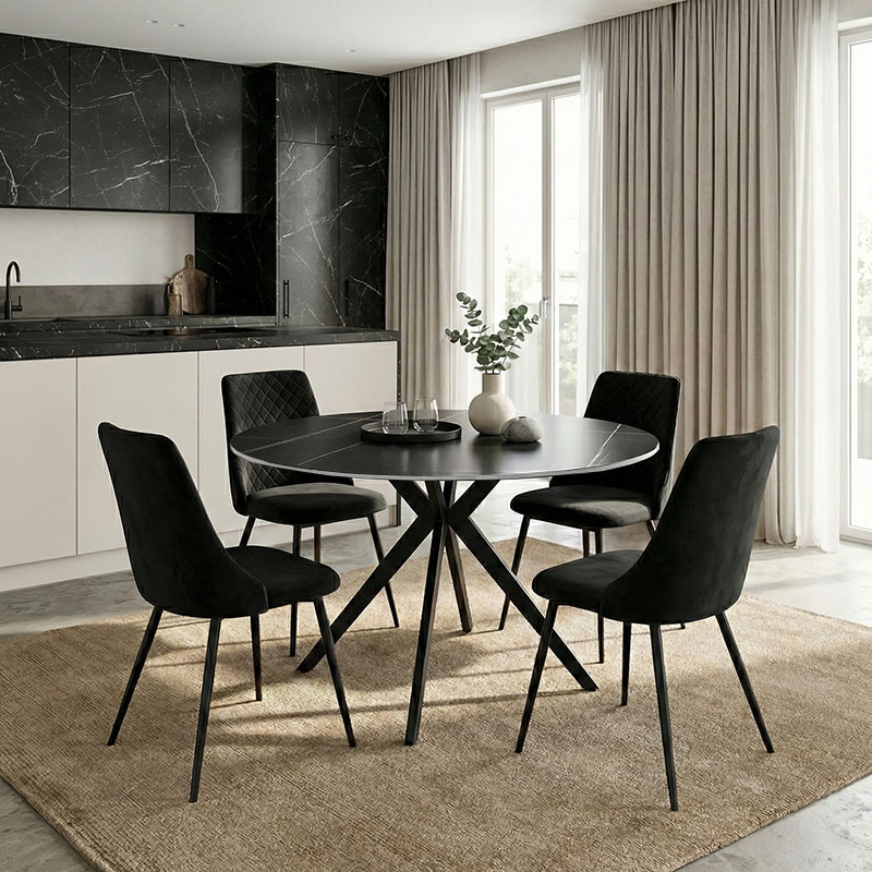 Tavolinë Orbital pakoworld mermer i zi gur i sinterizuar-metal i zi D120x76cm