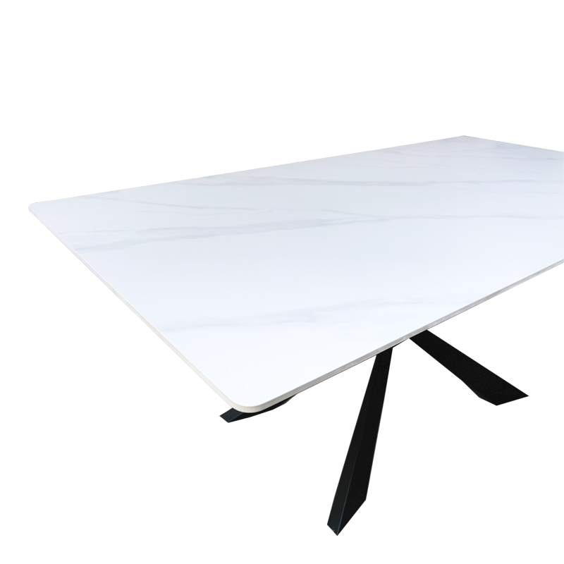 Tavolinë Mattias pakoworld mermer i bardhë guri i sinterizuar me këmbë metalike të zeza 180x90x75cm