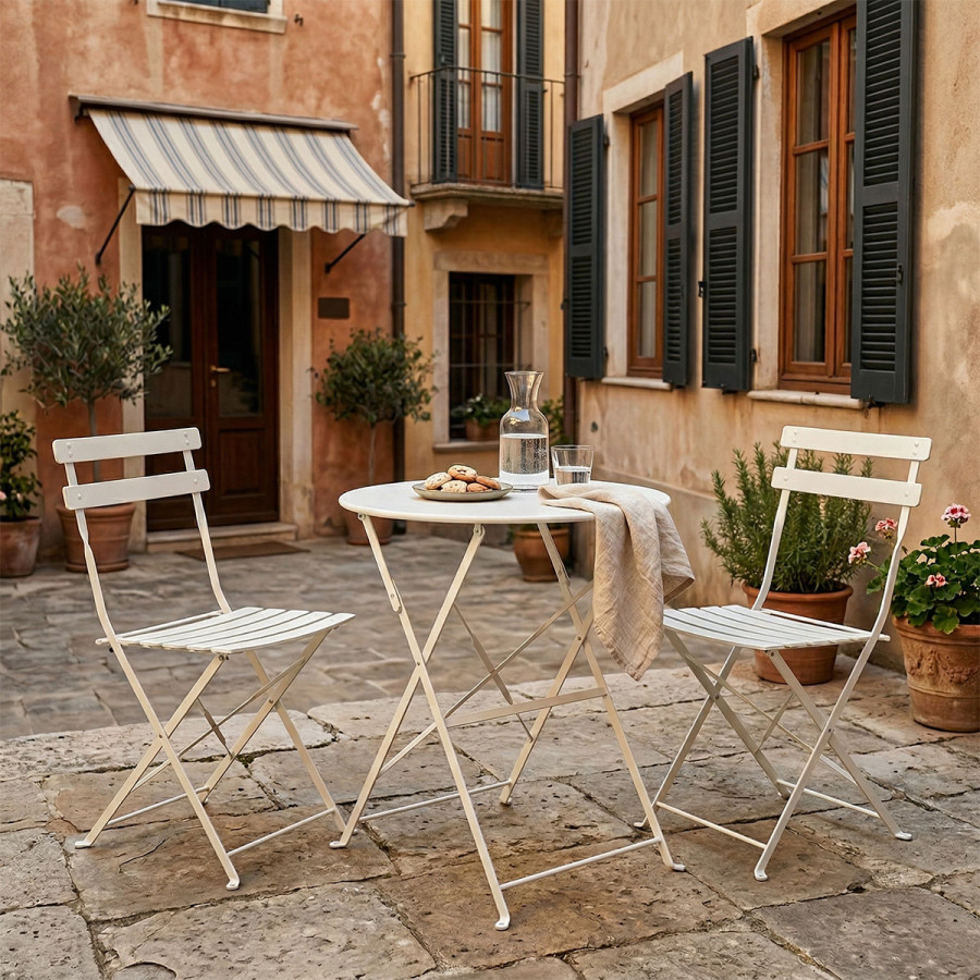 Set tavoline ngrënieje Bistro pakoworld 3-copëshe, metal, e palosshme, ngjyrë e bardhë, Φ60x71cm