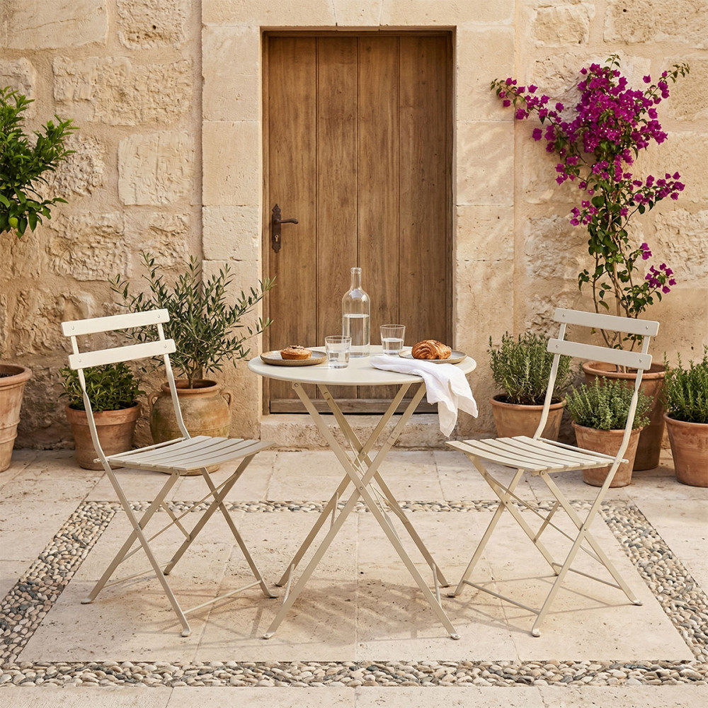 Set tavoline ngrënieje Bistro pakoworld me 3 pjesë, metal, i palosshëm në ngjyrë shampanjë Φ60x71cm