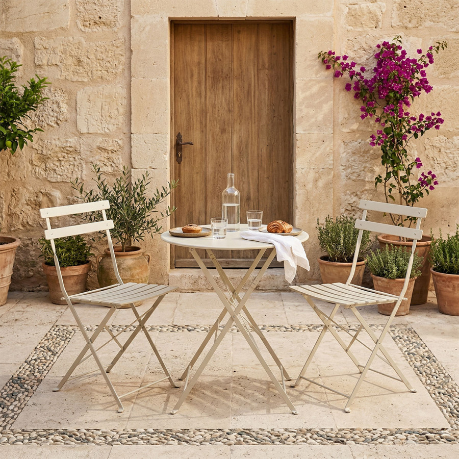 Set tavoline ngrënieje Bistro pakoworld me 3 pjesë, metal, i palosshëm në ngjyrë shampanjë Φ60x71cm