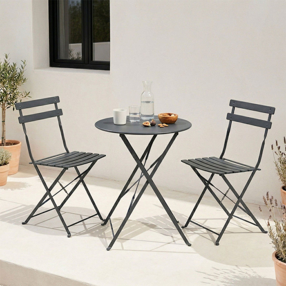 Set tavoline ngrënieje bistro pakoworld me 3 pjesë, metal, palosëse, ngjyrë antracit, Φ60x71cm