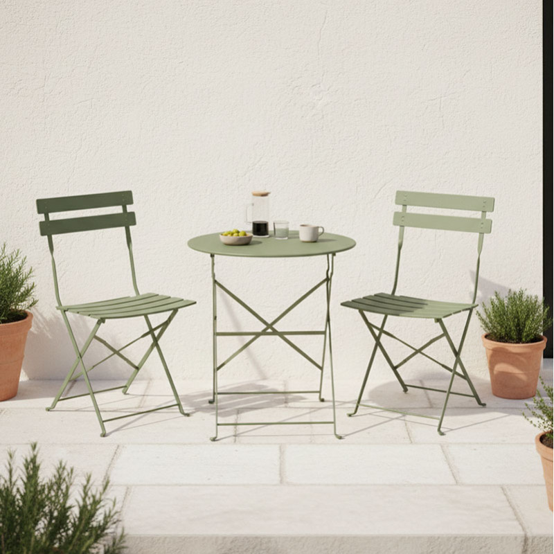 Set tavoline ngrënieje bistro pakoworld me 3 pjesë, metal, palosëse, ngjyrë jeshile ulliri, Φ60x71cm