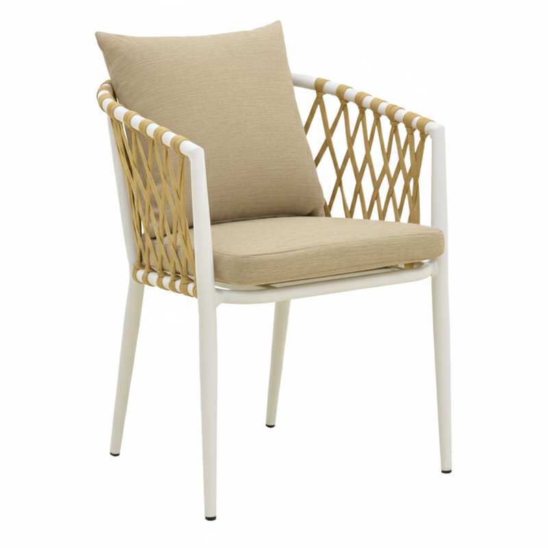 Fotel Peluxe pakoworld alumini i bardhë-litar PE natyral-jastëkë beige 54x62x75.5cm