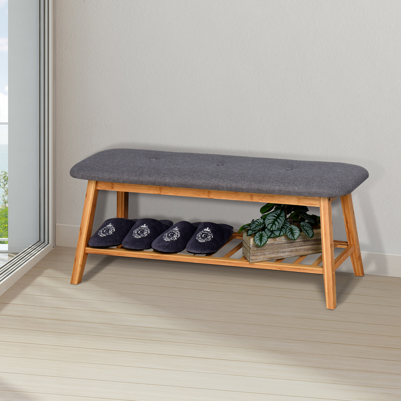 Raft këpucësh-Stol për 4 palë këpucë Zerma pakoworld bambu-pëlhurë në ngjyrë natyrale-gri 100x30.5x44cm