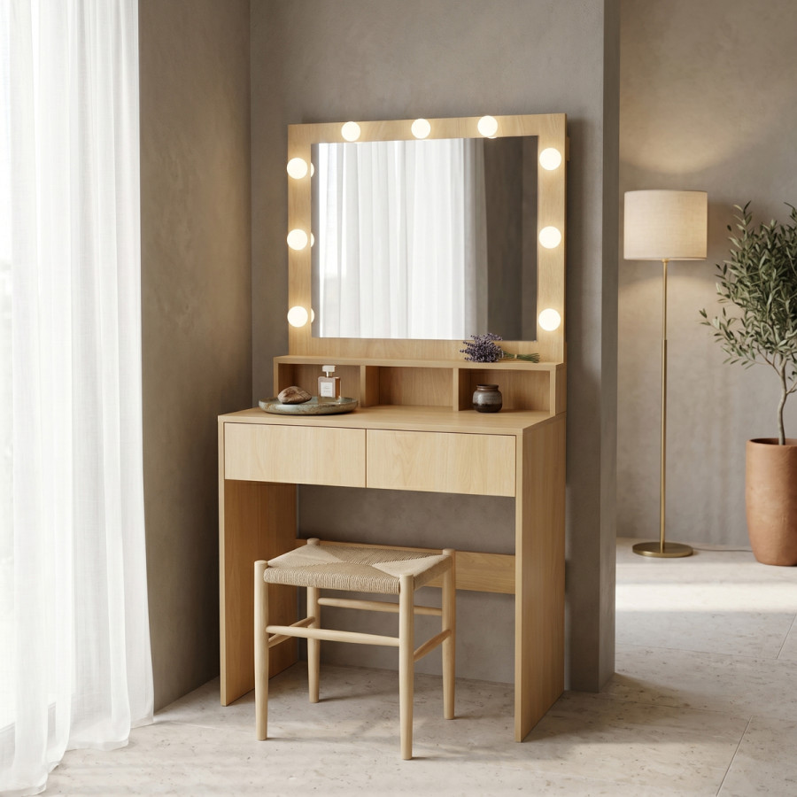 Tavolinë grimi Vanity pakoworld me led në nuancë natyrale 80x40x140cm