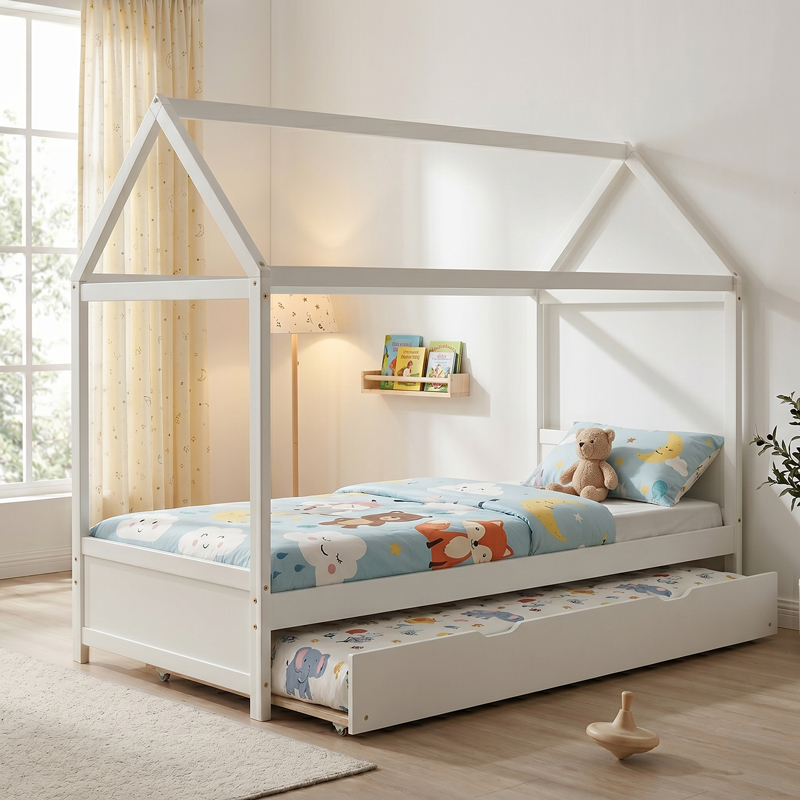 Shtrat fëmijësh DreamHouse Montessori pakoworld me shtrat rrëshqitës dru pishe i bardhë 90x190cm
