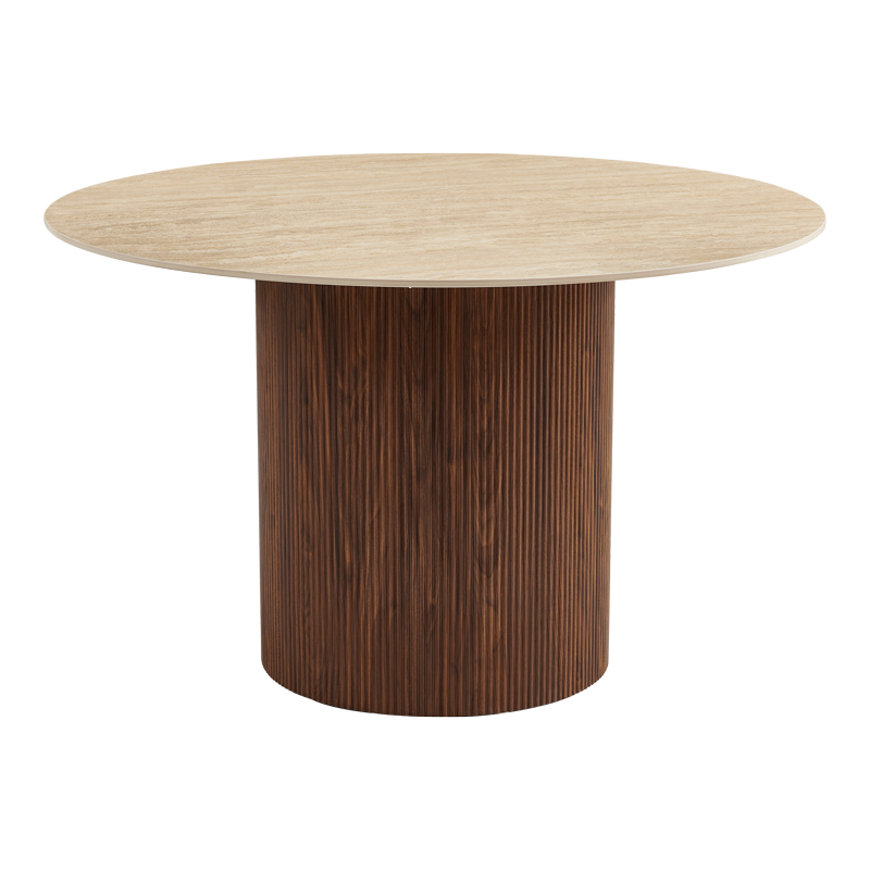 Tavolinë MDF lisi Sikulu pakoworld me sipërfaqe qeramike në pamje travertini bezhë D125x77cm