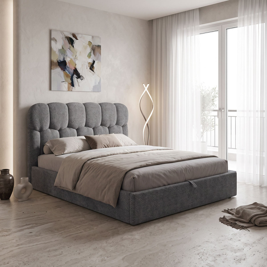 Krevat dopio Sectra pakoworld me hapësirë magazinimi, pëlhurë bukle gri 160x200cm